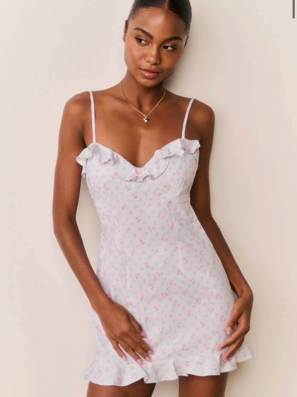 LoveShackFancy White Mini Dress with Pink Floral Ruffle Trim